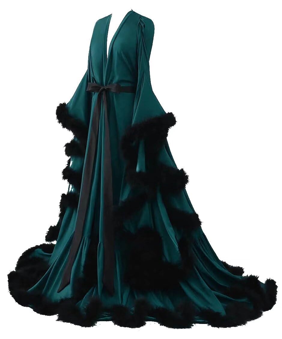 Women's Feather Bridal Robes Silk Satin Maternity Robes for Photoshoot Old Hollywood Long Nightgown Bathrobe Lingerie