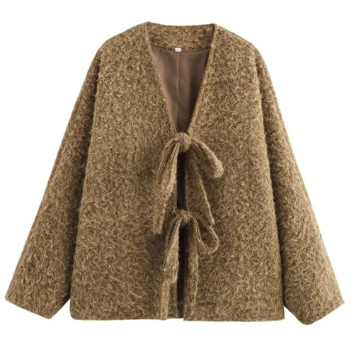 Perbai Women's Tie Front Bow Cardigan Jacket Fuzzy Wool Blend Long Sleeve Batwing Oversized Winter Trench Coats