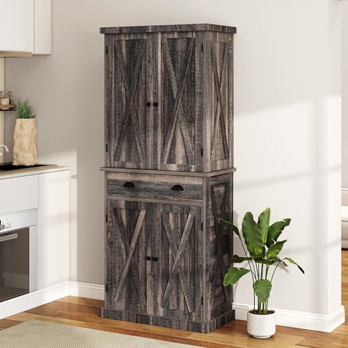 DWVO 72'' Farmhouse Kitchen Pantry, Rustic Wood Kitchen Storage Cabinets with Adjustable Shelves & Drawer, Tall Freestanding Cupboard for Dining Room, Living Room, Dark Gray
