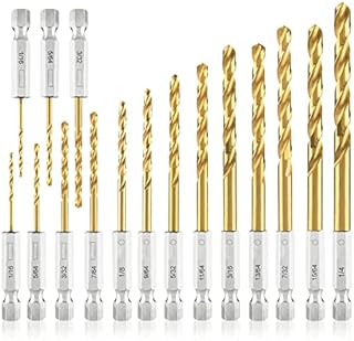 amoolo Impact Drill Bit Set, 16pcs Titanium HSS Twist Hex Shank Drill Bit Set for Metal, Steel, Wood, Plastic, Quick Change Design (1/16”-1/4”)