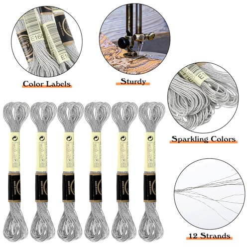 Image of 6 Pcs Silver Embroidery Floss Friendship Bracelet String Embroidery Thread Metallic Silver Embroidery Floss String Glitter Embroidery Thread Cross Stitch Thread for Hand Embroidery String Art