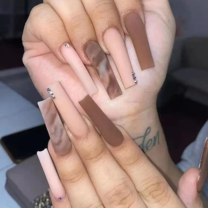 DOUBNINE Press On Nails Super Long Coffin Brown Tan Marble Nude Rhinestone Matte Vintage Boho Ballerina Glossy Full Cover Fake Nails Acrylic Stick On Nails for Women