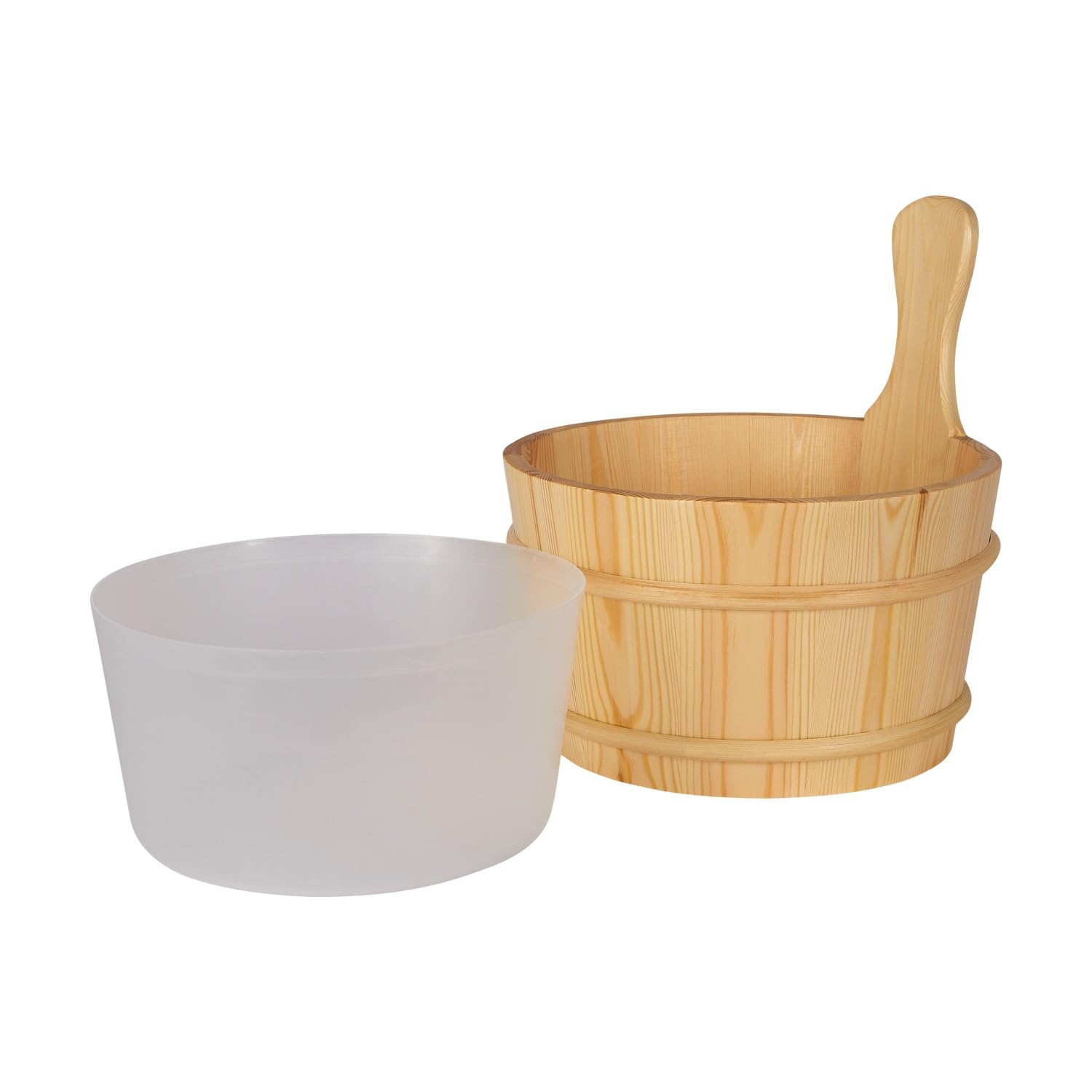 Klassisches Saunazubehörset 5-teilig aus naturbelassenem Holz mit Eimer 4l, Kelle, Thermometer & Sanduhr