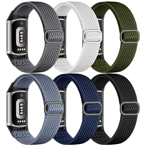 Maledan Compatible with Fitbit Charge 5 Bands/Fitbit Charge 6 Bands Men Women, Soft Adjustable Elastic Nylon Waven Strap Replacement Band for Fitbit Charge 6/Fitbit Charge 5 Fitness Tracker, 6 Pack