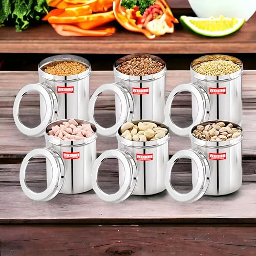 Image of Stainless Steel Food Storage Containers | Air Tight Stainless Steel Containers | Grocery Containers for Kitchen | See-Through Lids | Ubha Dabba | Canisters | Silver (6 Pcs (1 Kg))