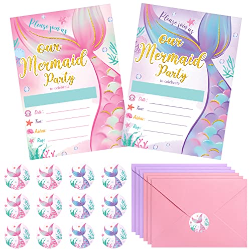 PerKoop 24 Sets Mermaid Birthday Invitations Include Mermaid Party Invitations Cards, Envelopes and Stickers for Girl Ocean Under the Sea Party Decorations Pool Birthday Supplies