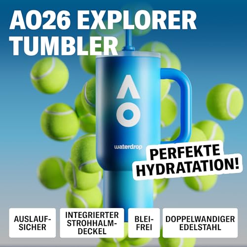 waterdrop® Australian Open 2026 Trinkflasche 1,1L - Edelstahl Isolierflasche mit Strohhalm & Griff, Auslaufsicher, Hält 12h Kalt & 6h Heiß - Ideal für Sport, Reisen, Büro, Fitness, Zuhause, BPA-frei 2