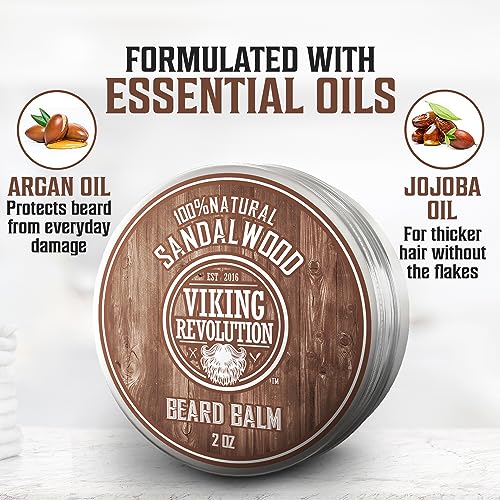 Viking Revolution Beard Balm with Sandalwood Scent and Argan & Jojoba Oils- Styles, Strengthens & Softens Beards & Mustaches - Leave in Conditioner Wax for Men (1 Pack)