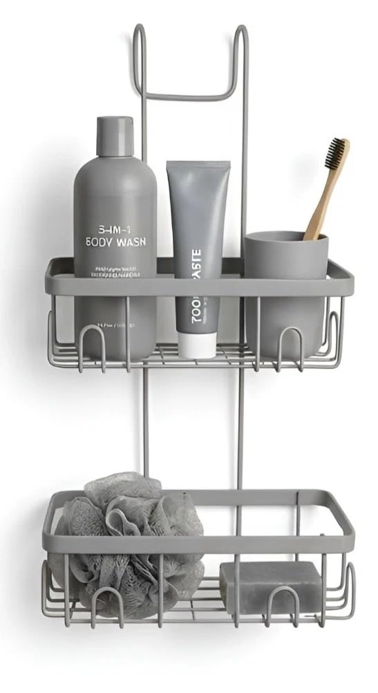 2 Tier Over Shower Screen Rectangular Hanging Shower Rack Storage Tidy Rustproof Bathroom Organizer Toilet Storage Holder Deep Compartment Caddy Compact Camping Caravan Storage Organizer (Grey)