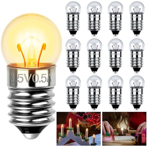 AUAUY 12 Stück Kugellampe E10 DC 3.5V 0.3A Warmweiß E10 Glühlampe Glühbirne Miniatur Schraubfuß Ersatzlampe für Elektrische Experiment Taschenlampen Krippenbeleuchtung Warnleuchte