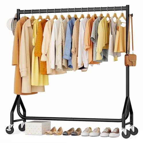 Clothes Clothing Rack, Rolling Heavy Duty Clothes Rack Load 420 LBS With Wheels, Metal Clothes Rack for Hanging Clothes, Portable Standing Clothes Garment Rack, Black,48 inches