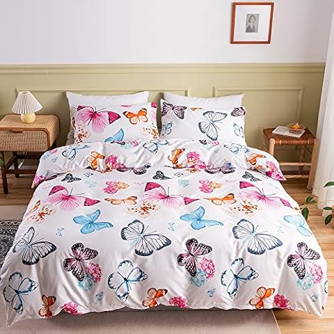 ADASMILE A & S Girls Duvet Cover Sets Full Size Pink Butterfly Print Bedding Set Cute Decorative Microfiber Comforter Cover Set with 2 Pillowcases Soft Lightweight 3 Piece with Zipper Ties Cover
