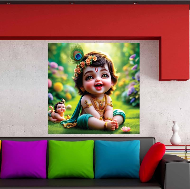 Image of British Terminal Cute little Bal Gopal Baby God Krishna| Kanha Ji | Laddu Lord Makhan Chor Painting Religious Poster for Pregnant Women for wall (matt thin vinyl,sticker,multicolor,unframed)| bj67
