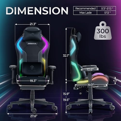 Sedia da gioco con luci LED RGB, sedia da gioco ergonomica con poggiapiedi, supporto lombare massaggiante, sedia per computer per adulti e ragazzi, nero - Sedia gaming - Immagine 2