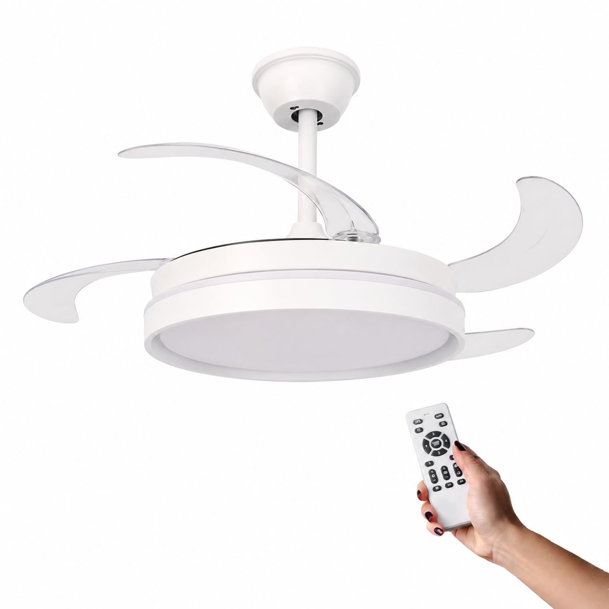 IluminaShop Ventilador de Techo con luz LED,Motor DC 30W+Luz 40W, Luz CCT Regulable y Control de Intensidad, Función Silenciosa, 6 Velocidades, 4 Aspas Retráctiles