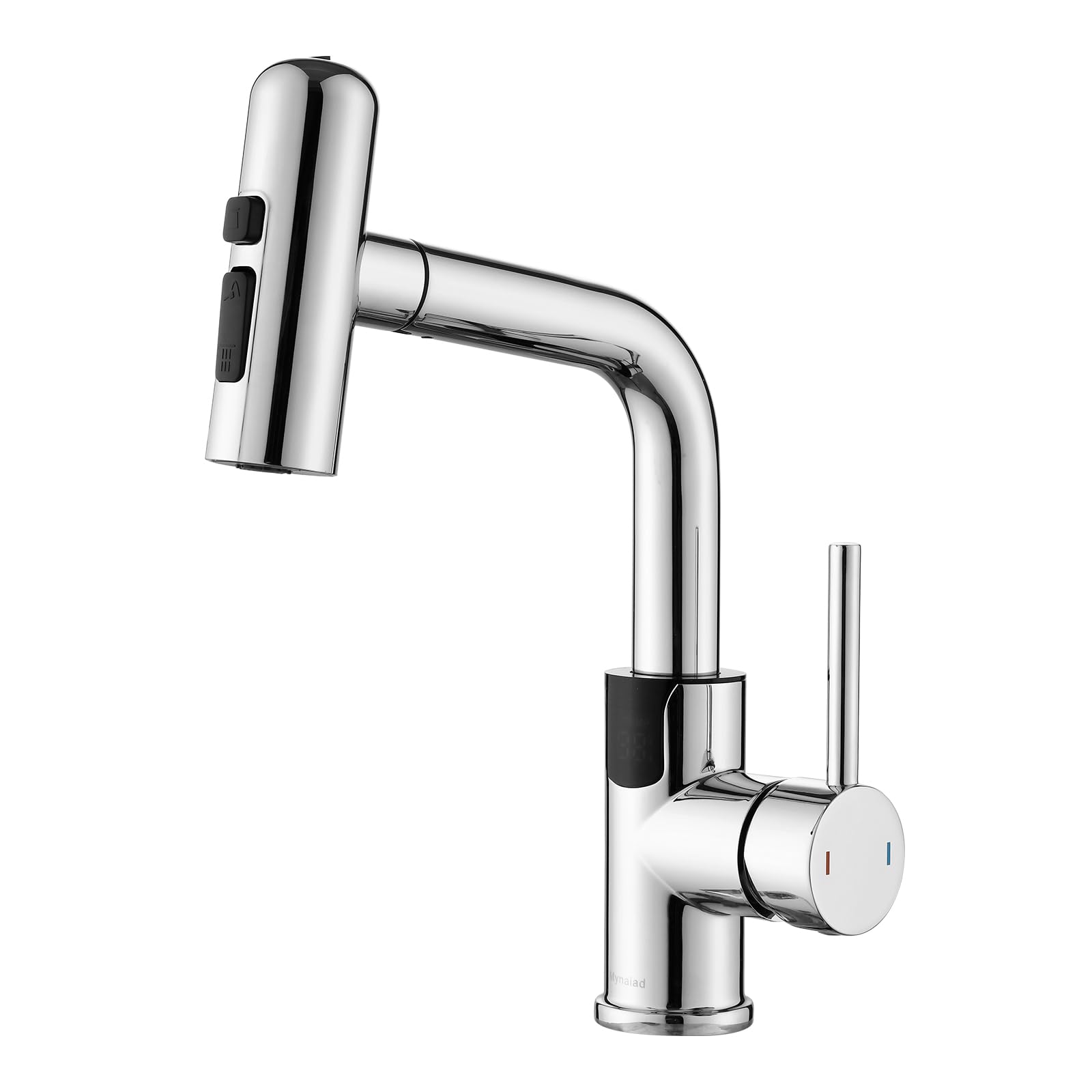 Robinet Salle de Bain Mynaiad avec Indicateur de Température LED, Douchette Extractible, Mitigeur Lavabo Orientable 360°, Robinet Lavabo Monocommande avec 4 Types de Jets,Chromé