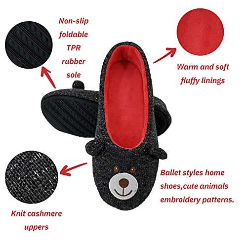 ofoot Womens Cute Knit Ballerina/Ballet House Slippers Flats Fuzzy Slip On Shoes Fluffy Lining Non Skid Rubber Soles Frog Bear Owl Rat Raccoon Styles2
