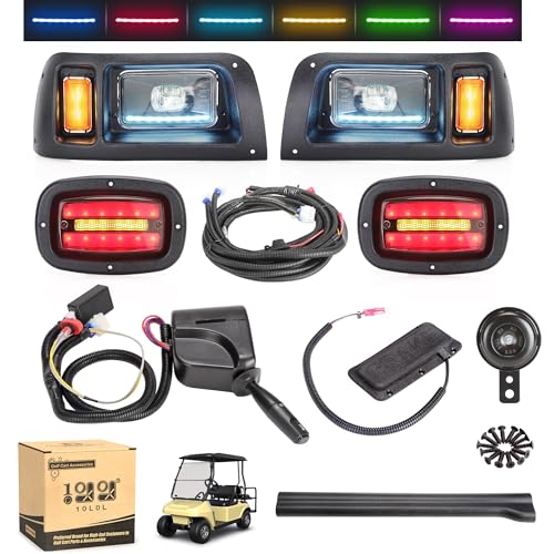 10L0L Deluxe Golf Cart Light Kit for Club Car DS 12V-60V Full Headlight Taillight Kit with RGB Daytime Running Lamp Low High Beam Turn Signal Horn Brake Pad Hazard Blinker