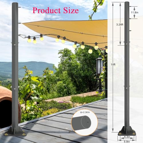 Sun Shade Sail Poles Set of 2-10ft Outdoor Removable Sunshade Support Post Heavy Duty Canopy Awning Shade Cloth Metal Pole Posts Kit for Outside Patio Backyard Garden Playground - Thickness 1.5mm