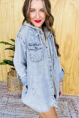 Ecosunny Womens Casual Long Sleeve Button Down Shirt Jacket Oversized Contrast Hooded Denim Lightweight Coat Tops4