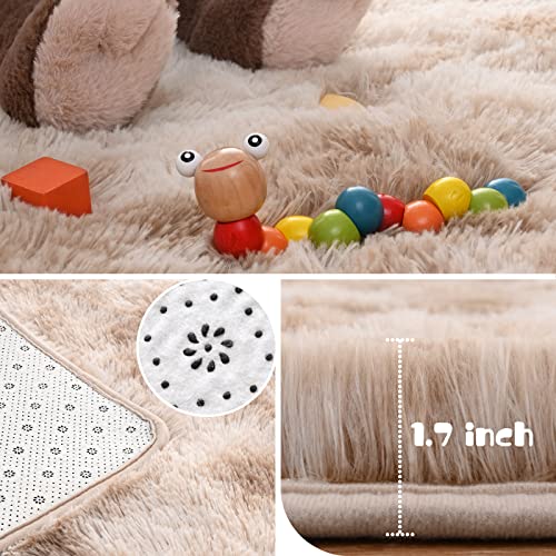 HOMORE Soft Fluffy Rug for Bedroom, Tie Dye Rugs for Living Room, Non Slip Shaggy Plush Carpet for Kids Nursery Toddler, 4x6 Feet Area Rugs for Room Floor, Light Brown