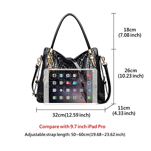 Leather Handbags For Women, Genuine Leather Ladies Fashion Top-Handle Bags With Adjustable Shoulder Strap Womens Large Designer Tote Purses Real Leather Crossbody Bags Shiny Messenger Satchel (Black) #TOP1