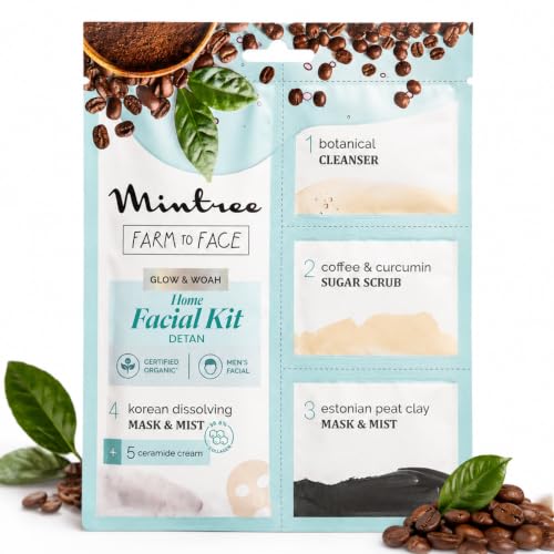 Image of Mintree Organic Coffee at Home Facial Kit for Men Korean Melting Collagen Flim Sheet Mask|DeTan & Anti Aging European Black Mask| Salon Like Glowing Skin in Easy 5 Steps| Brightens&Tightens