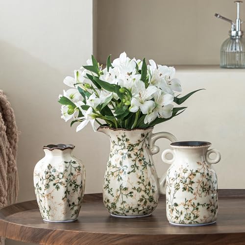 Image of Ceramic Flower Vases Set of 3 | Green Rustic Farmhouse Vase Set for Home Decor, Vintage Floral Decorative Vase for Living Room & Kitchen, Mantel & Bookshelf, Centerpieces, Entryway(5.7+5.9+7.1Inch)