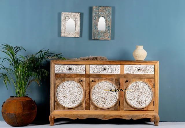 4 Chest of Drawers for Storage with1 Doors1 Shelf Mango Wood Sideboard Cabinet for Storage for Kitchen and Living Room Grey Distressed & Natural Wood Top 48x34x15 Inches (S5)-image-24