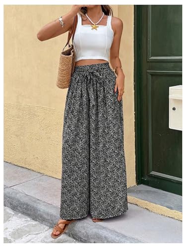 Women's Ditsy Floral Palazzo Flowy Pants Elastic High Waist Wide Leg Boho Vacation Long Trousers Black Medium4