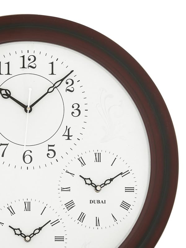 Image of CHRONIKLE Beautiful White Dial Round Wooden World Wall Clock for Home Office Decor, Brown, 20x20 Inch