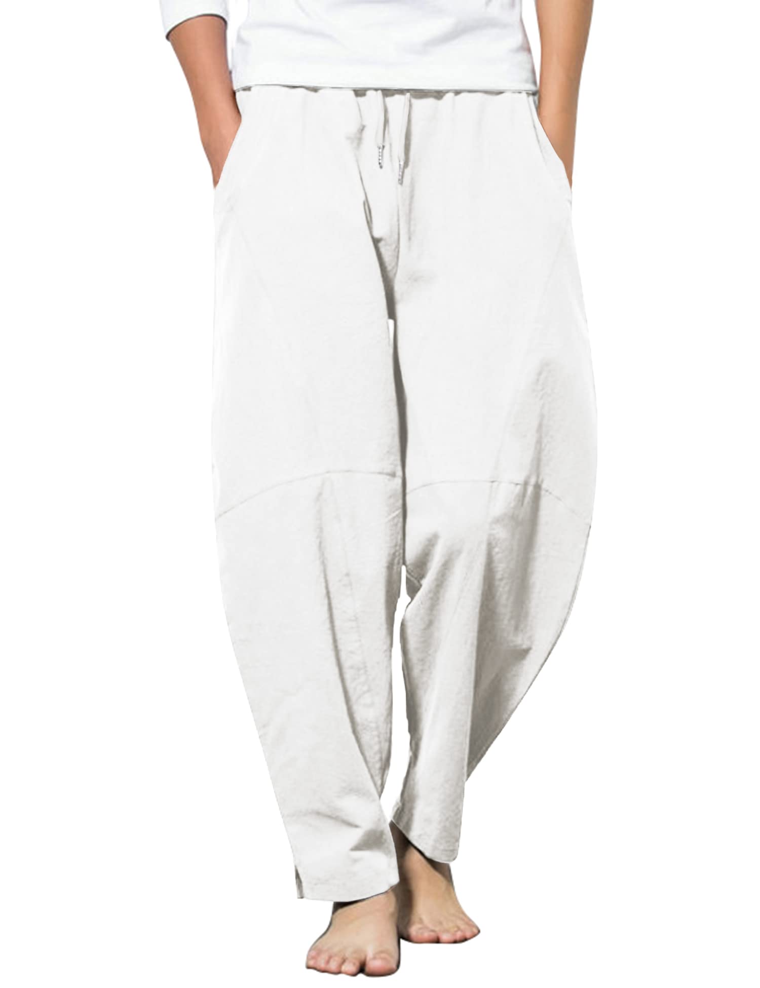 COOFANDYMen's Linen Harem Drawstring Pants Casual Elastic Waist Lightweight Trouser Hippie Summer Beach Yoga Pants