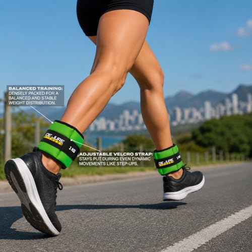 Image of De Jure Fitness Adjustable Ankle & Wrist Weights Pair (1KG x 2) for Men & Women | Strength Training, Walking, Running, Workout, Yoga | Comfortable, Durable | Green - 2KG