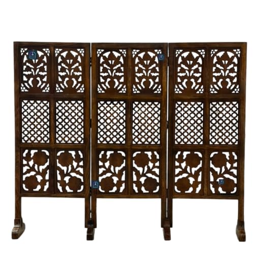 Image of Wooden Room Partition Screen with Burnt Wood Finish | Hand Buffed Traditional Handicraft Room Divider | 6 Ft Height Indoor Room Separator (3 Panel 4 Feet with Stands)
