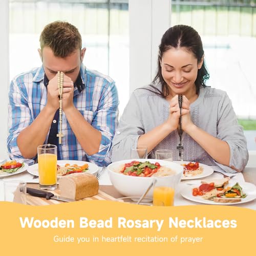 Lnrueg 48 Pcs Wooden Bead Rosary Necklaces with Organza Bags, Jesus Cross Pendant Rosary Necklace, First Communion Beads, Catholic Gifts Baptism Favors, 4 Colors2