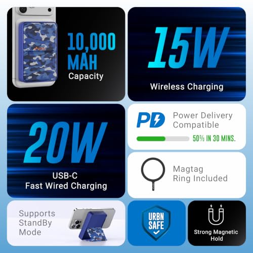 Image of URBN 10000 mAh Stand Magsafe Power Bank with Foldable Stand | 15W Fast Wireless Charging |Strong Magnetic Hold | Type C Input /Output | Pass Through Charging | MagTag Ring Included | (Blue Camo)