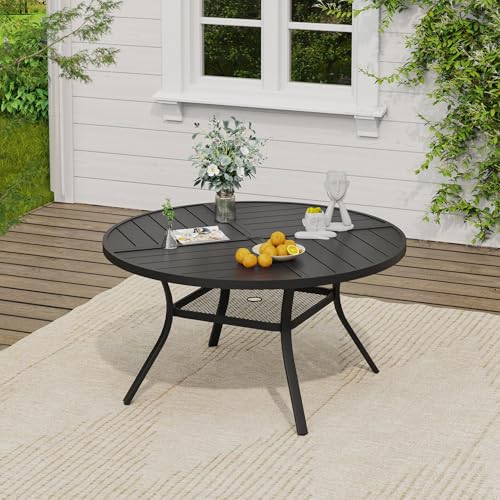 Image of VICLLAX 47.2 inch Round Outdoor Table, Patio Dining Table for 6 with Umbrella Hole for Garden Lawn Deck Backyard, Black