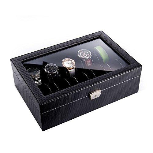 Preisvergleich Produktbild TGDY Premium Watch, Armband, Schmuck, Display Collection Aufbewahrungsbox Case Advanced PU Kohlefaser HD Glas Schwarz