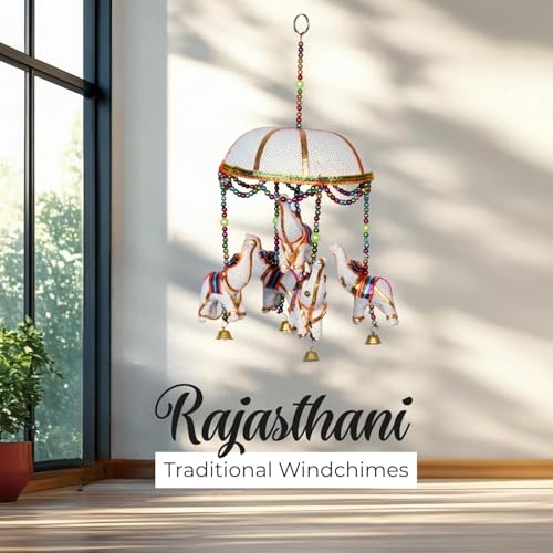 Image of Rajasthani Multicolor Elephants Jhoomer with Bell - Decorative Wind Chimes for Door & Wall Hanging, Ideal Home Decor & Gift Showpiece (White)