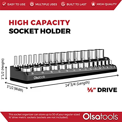Image of Olsa Tools Magnetic Socket Organizer - 3 /8-Inch Drive Metric Socket Holder with Strong Magnets - Professional Tool Holder and Organizer - Stores up to 30 Sockets - Black - Part: - 1119