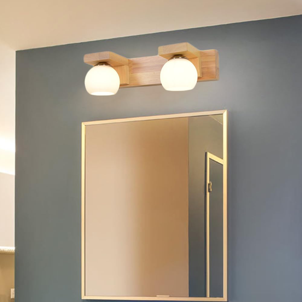 Mengjay Holz Wandleuchte Innen,Vintage Spiegelleuchte Bad Spiegellampe Badezimmer G9 Wandlampe mit Kugel Glas Lampenschirm für Schlafzimmer Flur Wohnzimmer Küche (2 Flammig)