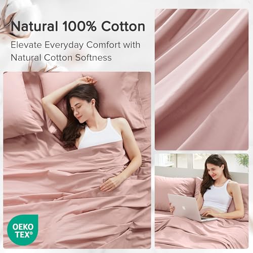 Comfort Spaces 100% Cotton Sheets Full, Breathable & Ultra Soft Cotton Sheets, Naturally Cool Cotton Bed Sheets with 14" Elastic Pocket Fits up to 16" Mattress, All Seasons Sheet Set, Pink 4 Piece
