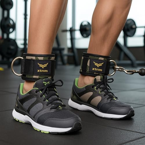 Image of XTRIM Unisex Stylish Ankle Straps with Metal D-Rings for Cable Machine, Kickbacks and Glutes Workouts, Adjustable Ankle Straps, Curls & Hip Abductors with Padded Neoprene Support (Army Green)