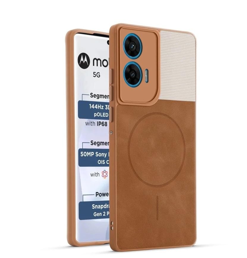 Image of Bintage Mac Safe Design Hard Slim Back Case | Soft Border Camera Protect | Dual PU Leather Finish Back Cover Compatible for Motorola G45 5G - White & Brown