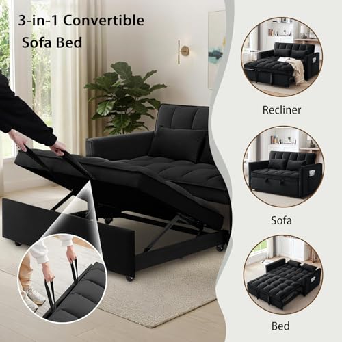 Image of 3 in 1 Folding Convertible Sofa Bed, 55'' Pull Out Couch Bed with Side Pocket, Velvet Fabric Loveseat Sleeper Sofa with Adjustable Backrest, Easy Assembly, Perfect for Living Room, Black