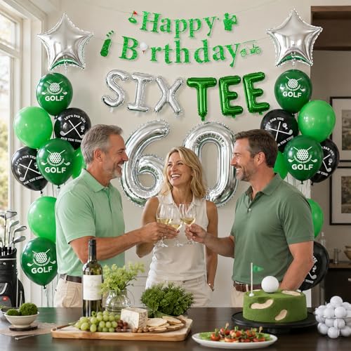 Image of 60th Golf Themed Birthday Decorations for Men 60th Party Decorations | Golf Print Balloons 60 Number Balloons Happy Birthday Banner SIX-TEE Banner 60 Foil Balloons