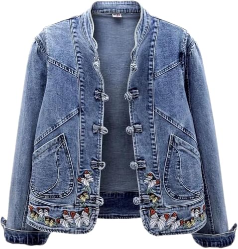 Goolecrimp Chaqueta Vaquera Bordada con Botones a la Moda para Mujer Chaqueta Vaquera Holgada Elegante con Estampado de Mariposas Bordadas Chaqueta (Azul,M)