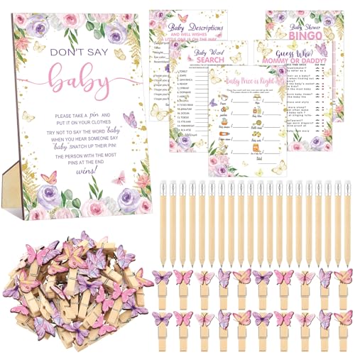 Patelai 321 Pcs Baby Shower Games Supplies, 5 Sets (50 Cards Each) Activities Cards with 20 Pencils 1 Don't Say Baby Sign 50 Clothespin(Butterfly)