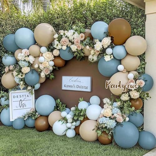 Image of Dusty Blue Brown Balloon Arch Kit Double Stuffed Pastel Baby Blue Dark Brown Tan Coffee White Sand Latex Balloon Garland for Neutral Birthday Bear Western Cowboy Party Decoration