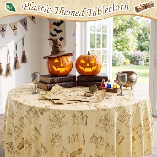Image of Hahafelt 3 Pcs Magical Wizard Plastic Tablecloth 84 Inch Round Disposable Wizards Themed Halloween Table Cloth Magical Vintage Castle Circular Table Cover for Halloween Witch Birthday Party Supplies